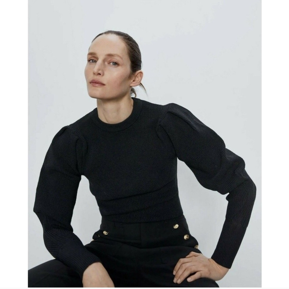 Zara Black Ribbed Sweater with Statement Sleeves